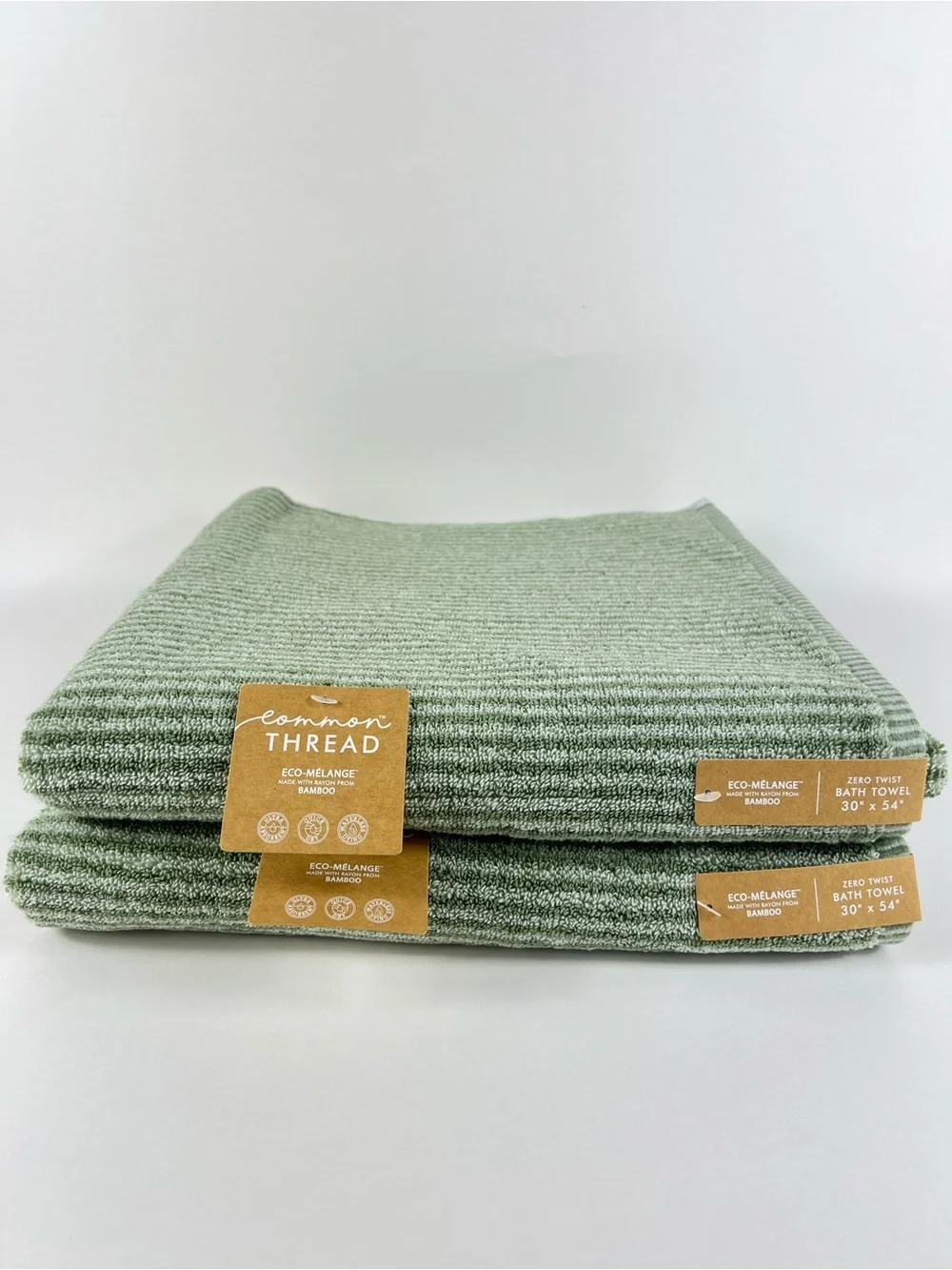 Common Thread 2 Pc Bamboo Bath Towels Green Striped Zero Twist Soft Cotton NEW